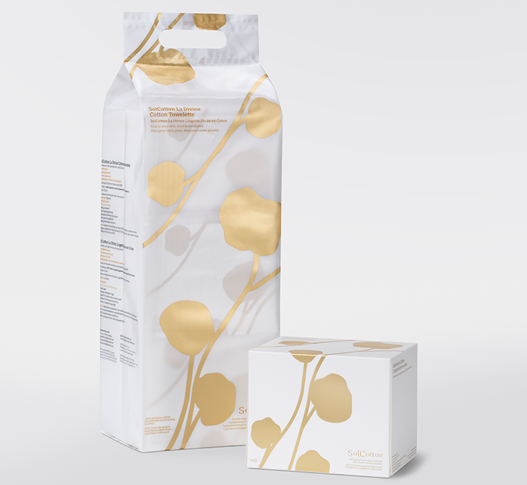 White pack of 3 skincare cotton towelette 100% premium boxes with gold floral patterns 