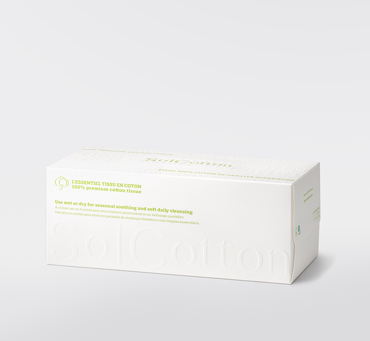 Box of 100% premium cotton tissues for hygiene and care